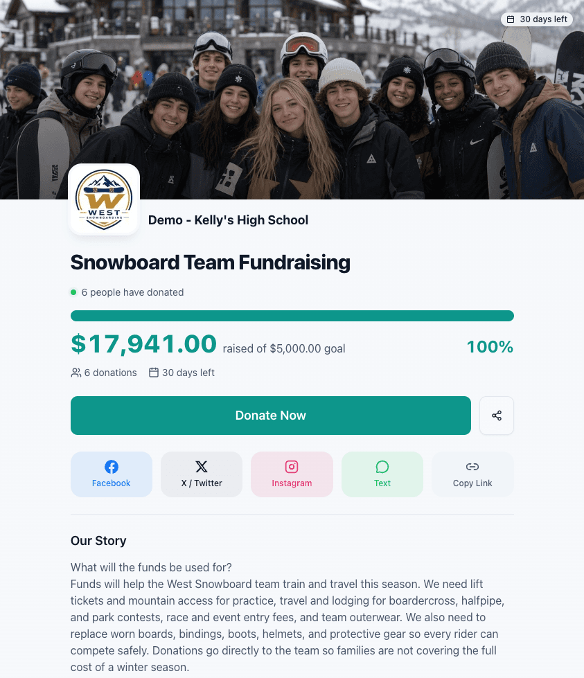 A team campaign page with a cover photo, live progress bar, and amount raised
