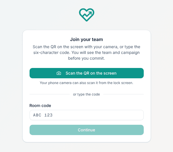 The join screen, where participants scan a QR code or type a room code