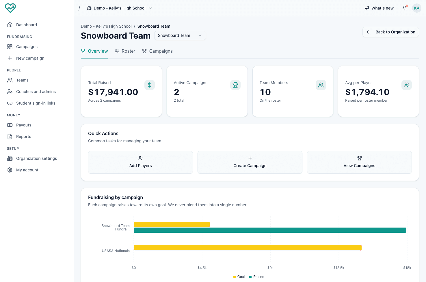 A team overview showing total raised, active campaigns, team members, and progress for each campaign